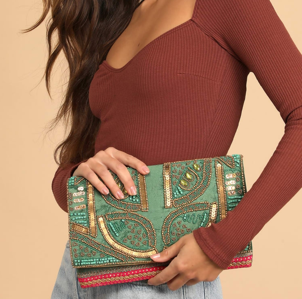 Lulu's Bead the Best Green Velvet Beaded Clutch